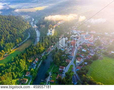 Rozmberk Castle Above Vltava River, Rozmberk Nad Vltavou, Czech Republic . Aerial View From Drone.