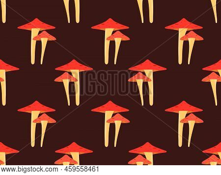 Toadstool Mushrooms Seamless Pattern. Mushrooms With Red Caps. Not Edible Poisonous Toadstool Mushro