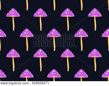 Toadstool Mushrooms Seamless Pattern. Mushrooms On Black Background. Not Edible Poisonous Toadstool 