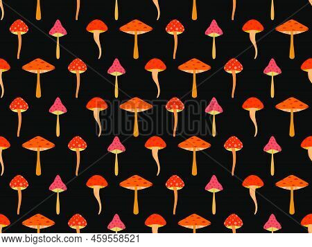 Mushrooms Seamless Pattern. Mushrooms With Red Caps On A Black Background. Toadstools, Poisonous Mus