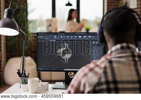 Digital Technician Working On Machinery Construction Using Cad Engineering Software On Computer. Eng