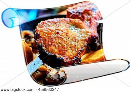 Fried Delicious Meat And Baked Potatoes In A Paper Scroll As A Frame