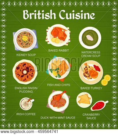 British Cuisine Menu Page Template. Baked Rabbit, Kidney Soup And Watercress Cream Soup, English Pud