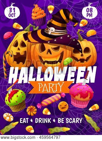 Halloween Party Flyer, Cartoon Holiday Pumpkins, Sweets And Candies. Vector Horror Night Orange Pump