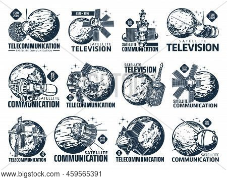 Telecommunication And Television Satellite Vector Icons Of Antenna Dish, Radio And Telecom Signal. D
