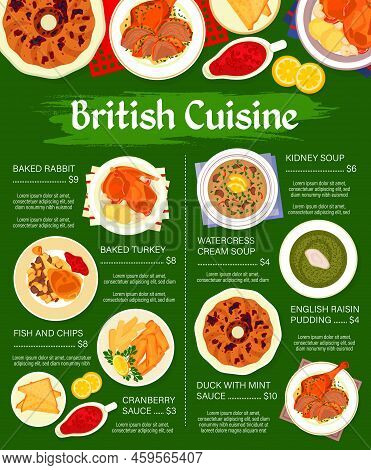 British Cuisine Menu Page Template. Irish Coffee, Duck With Mint Sauce And Baked Rabbit, English Pud
