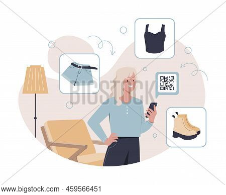 Distance Purchase Of Clothes. Girl Orders Clothes For Herself At Home, Online Shopping And Electroni