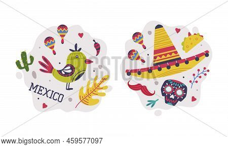 Set Of Mexico Symbols. Sombrero Hat, Sugar Skull, Bird. Cinco De Mayo Holiday Signs Cartoon Vector I