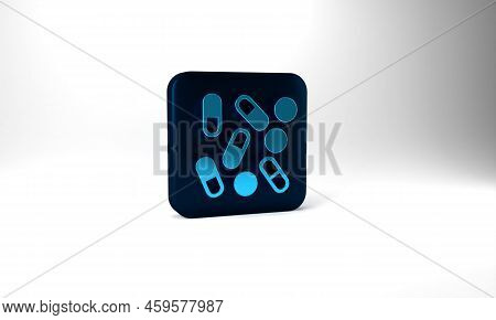 Blue Medical Pill Bottle Biohacking Icon Isolated On Grey Background. Pharmacy Biohacking. Blue Squa