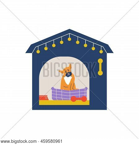 Doghouse With Cute Dog Inside Sitting On Couch, Flat Vector Illustration Isolated On White Backgroun