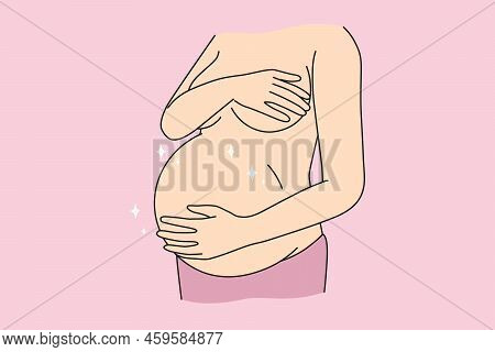 Close-up Of Naked Woman Touching Pregnant Belly Ready For Future Maternity. Female Excited With Preg