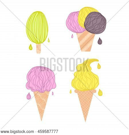 Doodle Dripping Various Ice Cream Collection. Perfect Print Set For Tee, Stickers, Poster. Hand Draw