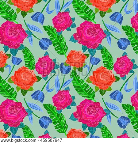 Pattern Of Rubine Red And Scarlet Color Roses , Dark Cornflower Blue Tulip Flower With Ao English Co