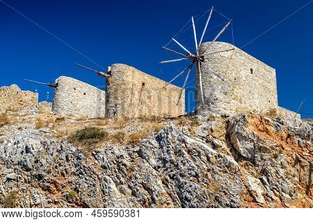 Windmills Of The Lasithi Plateaus At Crete Island - Greece