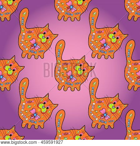 Seamless Pretty Cat. Design On Pink, Purple And Orange Versicolours. Background For Fabric, Textile,