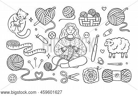 Crochet Doodle Illustration Of Girl Knitting Clothes, Cat Playing With Wool Yarn Ball, Sheep, Hook, 