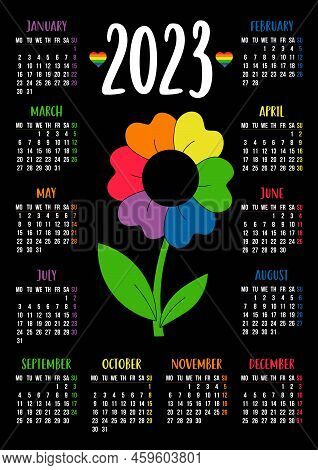 Calendar For 2023 With Lgbtq Symbol Flower With Rainbow Petals. Lgbt Flag Rainbow Colors. Vector Ill