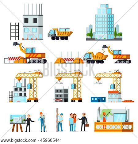 Sky Scraper Construction Set Of Flat Icons With Stages Of Building Process Isolated Vector Illustrat