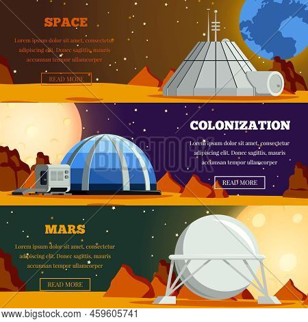 Set Of Flat Horizontal Banners With  Planet Colonization Terraforming Of Mars And Space Exploration 
