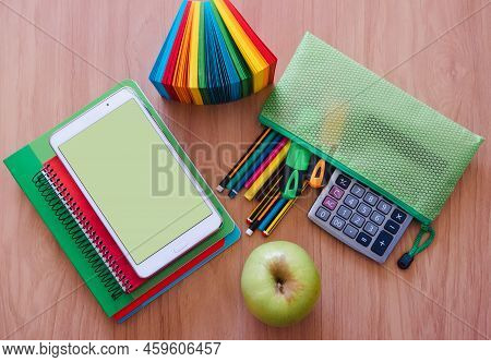 Group Of School Supplies And Book And Digital Tablet With Wide Screen, Student Accessories - Back To