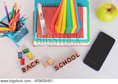 Group Of School Supplies And Book And Mobile Phone With Wide Screen, Student Accessories - Back To S