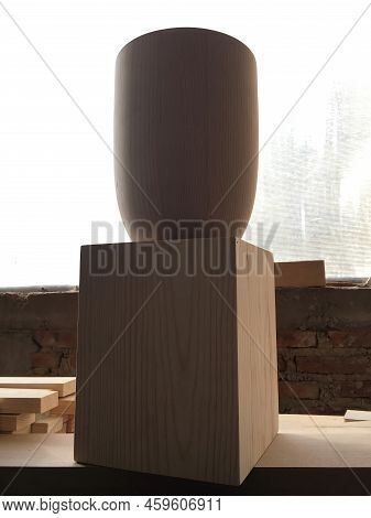 Work In An Industrial Warehouse. Natural Wood Blocks In Lumberyard