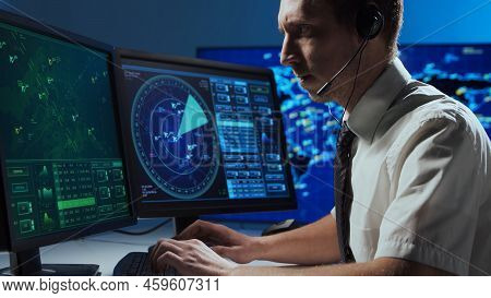Workplace Of The Professional Air Traffic Controller In The Control Tower. Caucasian Aircraft Contro