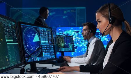 Workplace Of The Air Traffic Controllers In The Control Tower. Team Of Professional Aircraft Control