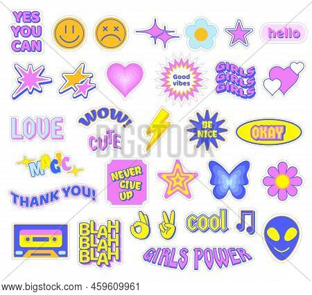 Trendy Y2k Stickers. Cute Girly Patches, Butterfly And Glamour Heart Symbols. Retro Stars, Flowers A