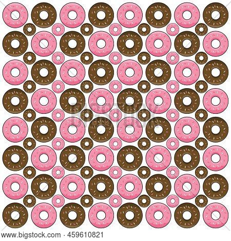 Several Rows Of Two Different Sizes And Colors Of Doughnuts