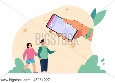 Kids Looking At Huge Phone With News On Its Screen. Children Reading News Online Using Mobile App Fl