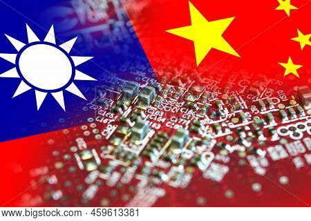 Flag Of The Republic Of China And Taiwan On Microchips Of A Electronic Printed Board. Taiwan Manufac