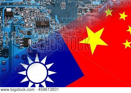 Flag Of The Republic Of China And Taiwan On Microchips Of A Electronic Printed Board. Taiwan Manufac