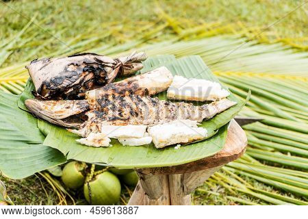 Smoked And Grilled Fish And Cassava, Traditional Food Of The Indigenous Peoples Of Central America
