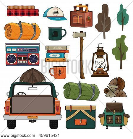 Camping Adventure Clipart Set. Summer Hiking And Outdoors Collection With Camp Car, Backpack, Axe, B