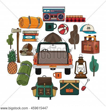 Camping Adventure Clipart Set In Round Style. Summer Hiking And Outdoors Collection With Camp Car, B