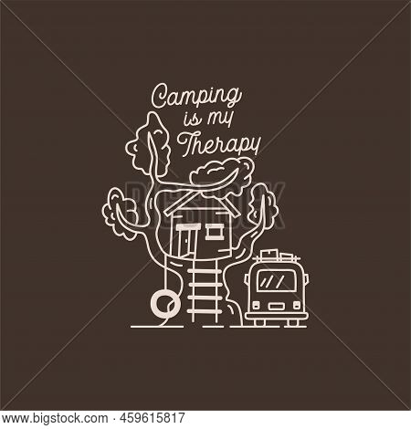 Camping Adventure Badge Design In Line Art Style. Summer Outdoors T Shirt Graphics With Quote - Camp