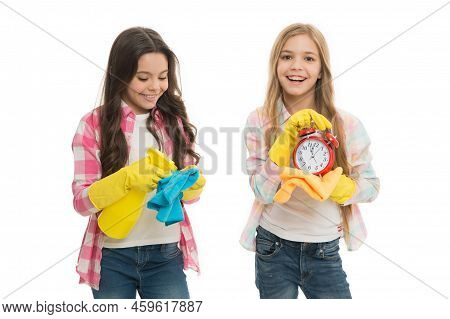 Punctuality Is The Politeness Of Princesses. Cute Little Children Demonstrating Punctuality In Perfo