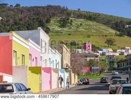 Cape Town South Africa - August 28 2007; Street Of Distinctive Pastel Colored Buildings In District 