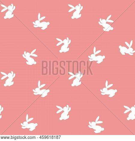 Seamless Pattern With White Silhouette Easter Rabbits On Pink Background. Design For Card, Postcard,