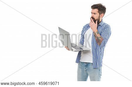 Something Wrong With Computer. Professional Computer Repairman Or Tech Worker. Bearded Man Looking A