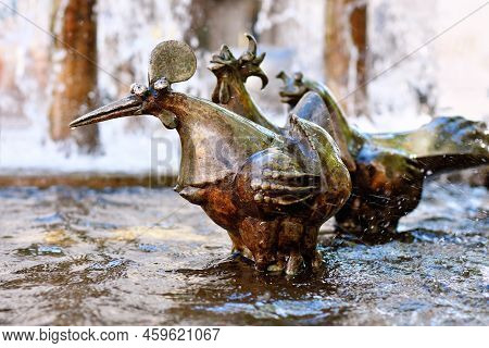 Neustadt An Der Weinstrasse, Germany - August 2022: Sculpture At 'elwedritsche Brunnen' Fountain. El