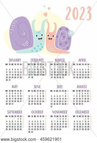Yearly Calendar For 2023 With Happy Couple Of Cute Snails In Love. Vector Illustration. Vertical Tem