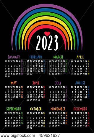 Calendar 2023 With Lgbtq Symbol With Rainbow. Lgbt Flag Rainbow Colors. Vector Illustration. Vertica