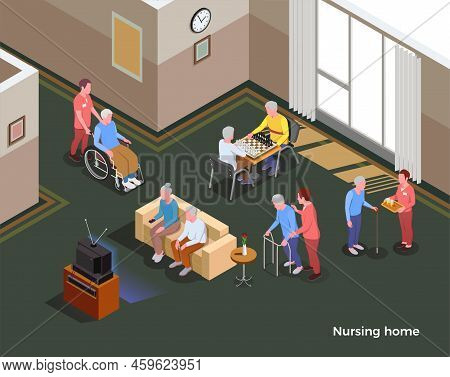 Nursing Home Isometric Poster Illustrated Interior Of Common Hall With Sofa Tv Set Table For Games A