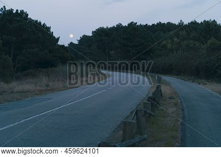 Full Moon View After Sunset From The Forest Road Near São Pedro De Maceda Beach In Ovar - Portugal.