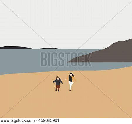 Boy And Girl Playing On The Beach On Summer Holidays At Seaside Running Ion Sand. Enjoying Vacation 
