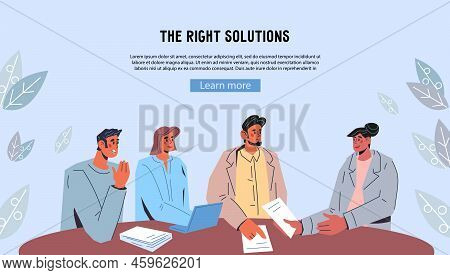 Website Banner With Business Negotiation Or Brainstorming Team Of Company Conferring At The Table. B
