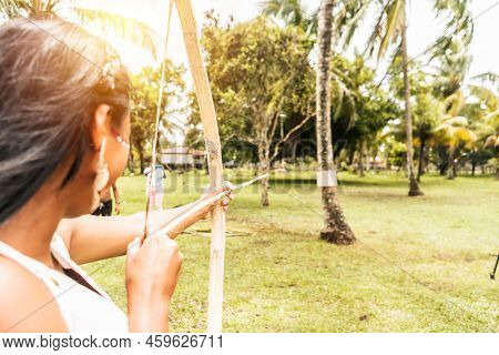 Indigenous Woman From Nicaragua, Central America, Participating In Traditional Games Of The Mayagna 