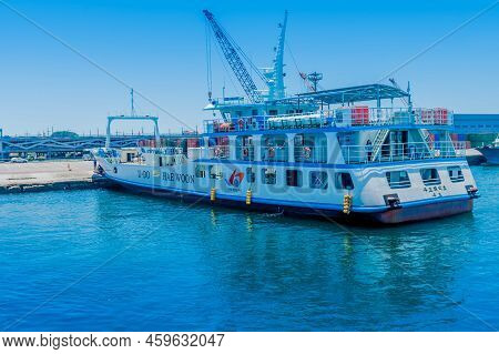 Jeju, South Korea; June 22, 2022: Passenger Fairy From Jeju To Udo Docked At Concrete Pier.